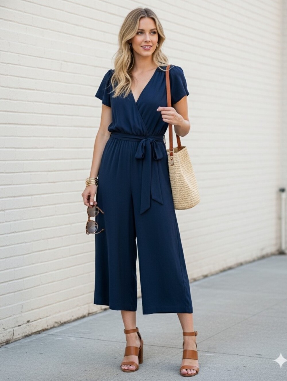 Women’s Navy Wide-Leg Jumpsuit with Tie Waist